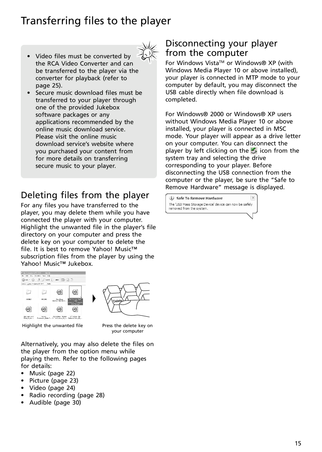 RCA S2502 user manual Disconnecting your player from the computer, Deleting files from the player 