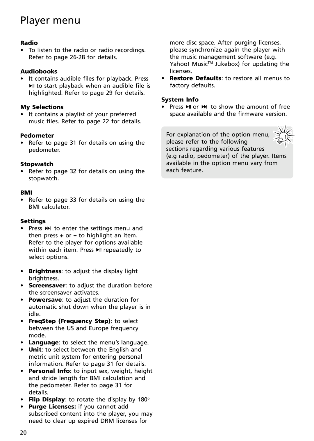 RCA S2502 user manual Audiobooks, My Selections, Settings, System Info 