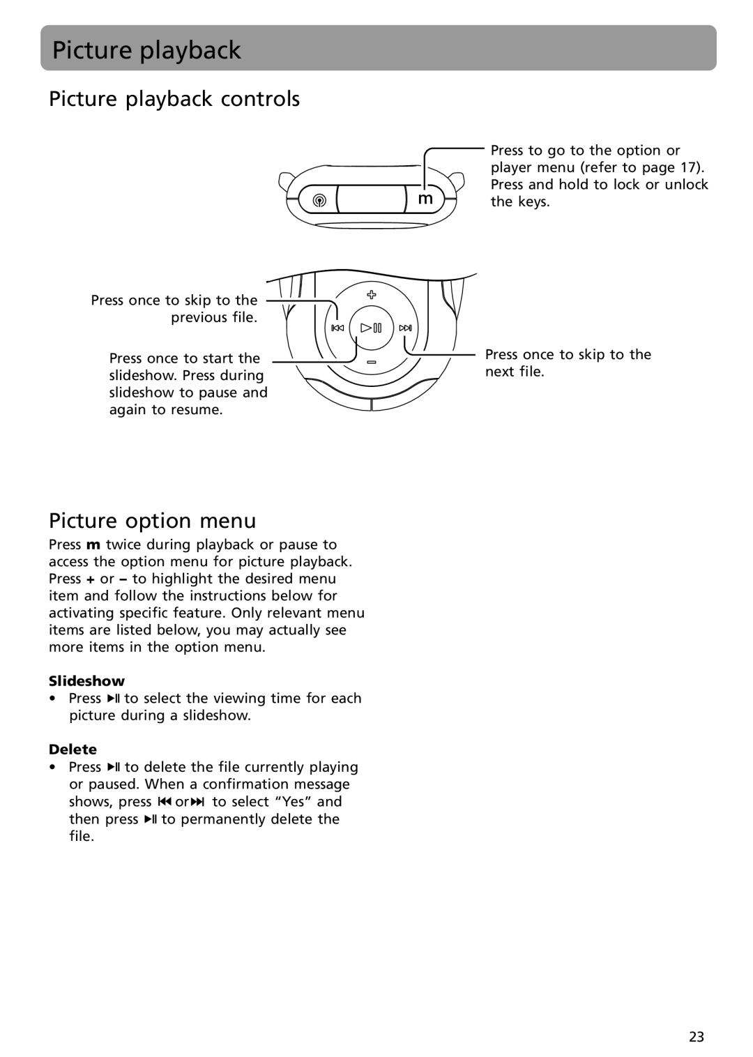 RCA S2502 user manual Picture playback controls, Picture option menu, Slideshow 