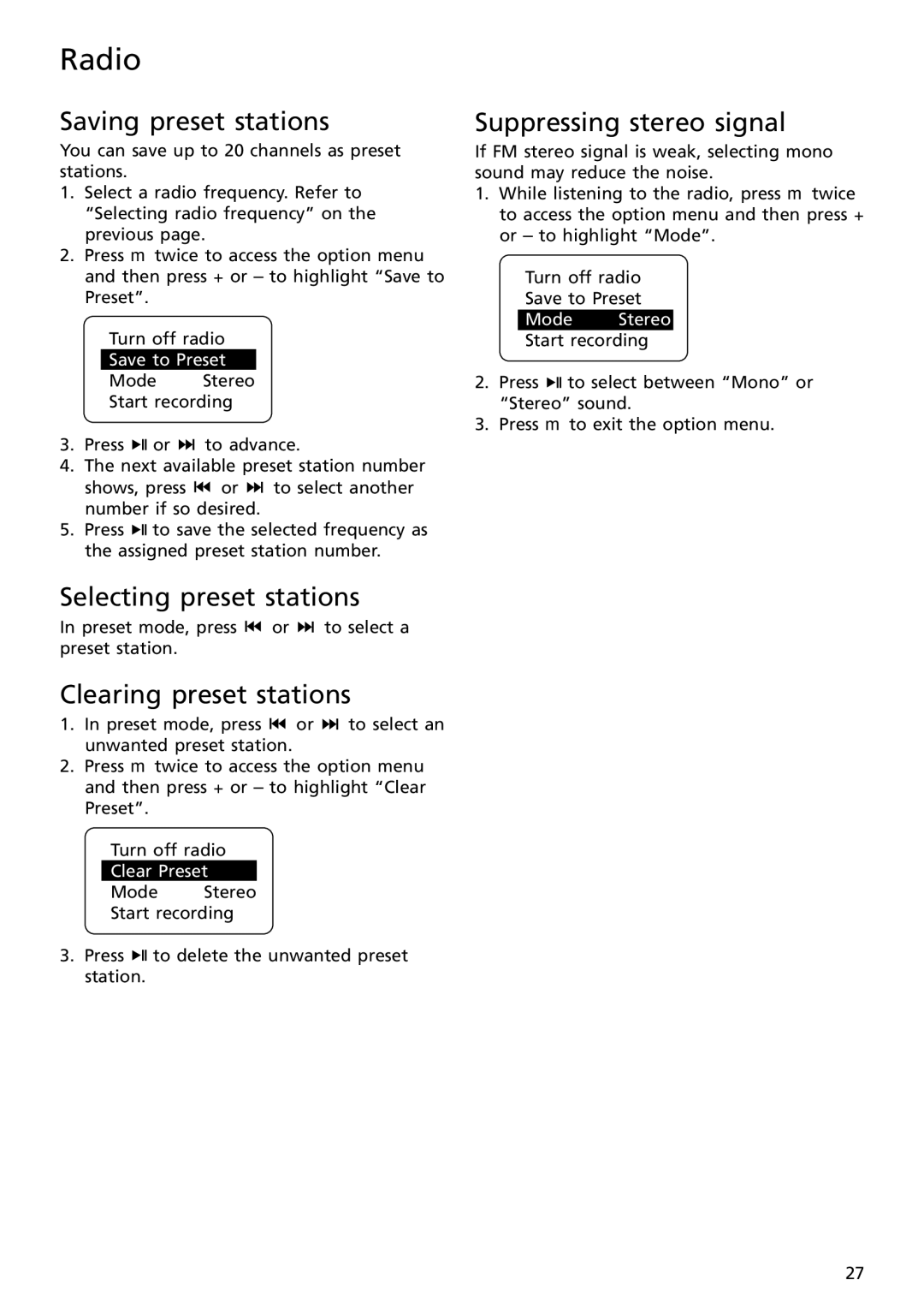 RCA S2502 Saving preset stations, Selecting preset stations, Clearing preset stations, Suppressing stereo signal 