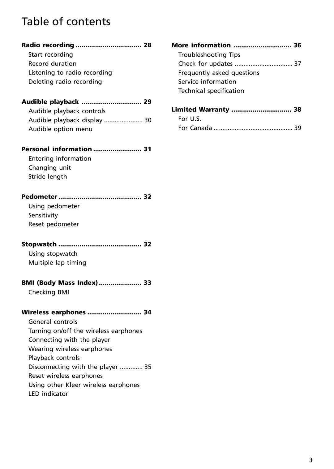 RCA S2502 user manual Radio recording, Audible playback, Personal information, Pedometer, Stopwatch, BMI Body Mass Index 