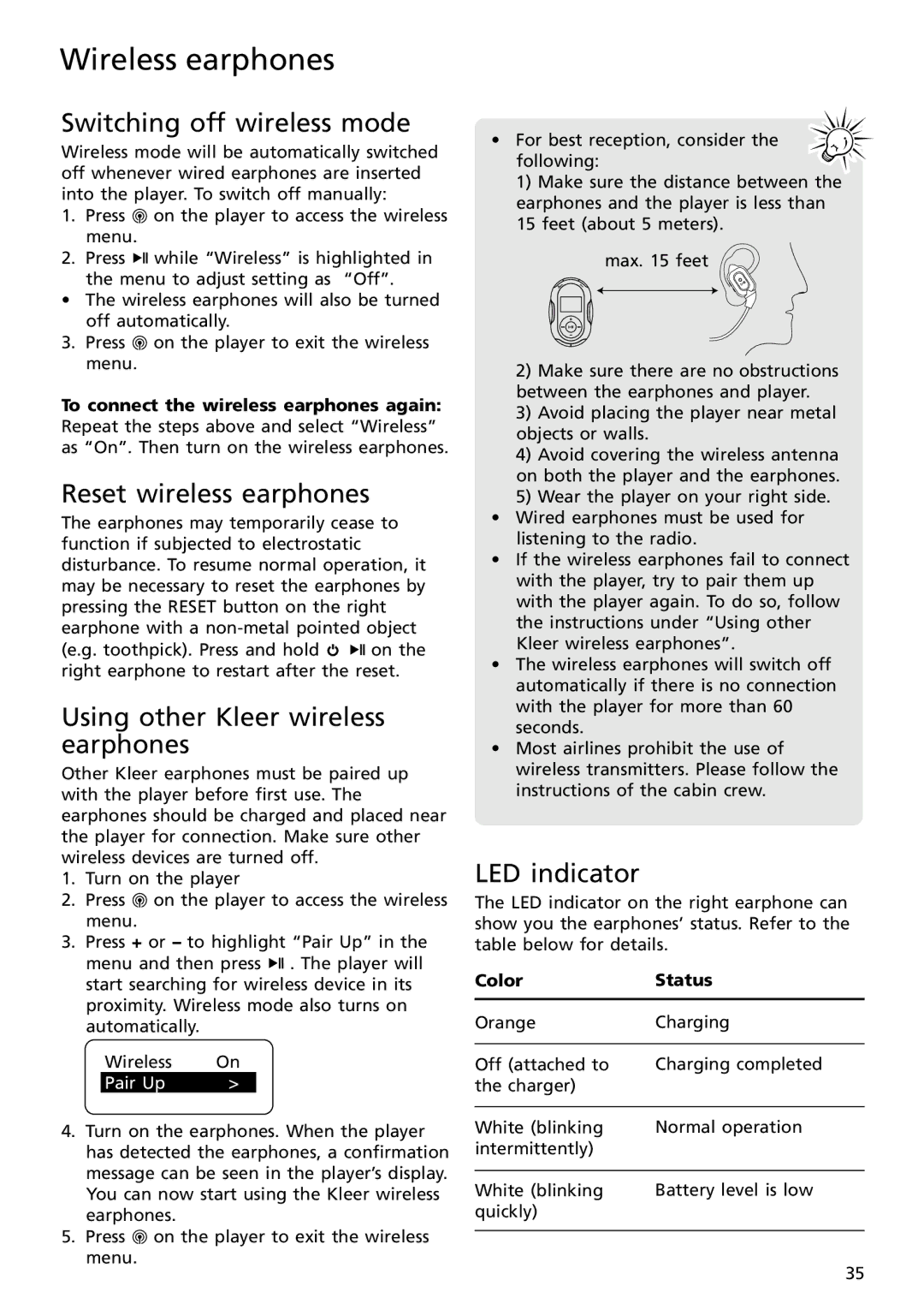 RCA S2502 Switching off wireless mode, Reset wireless earphones, Using other Kleer wireless earphones, LED indicator 