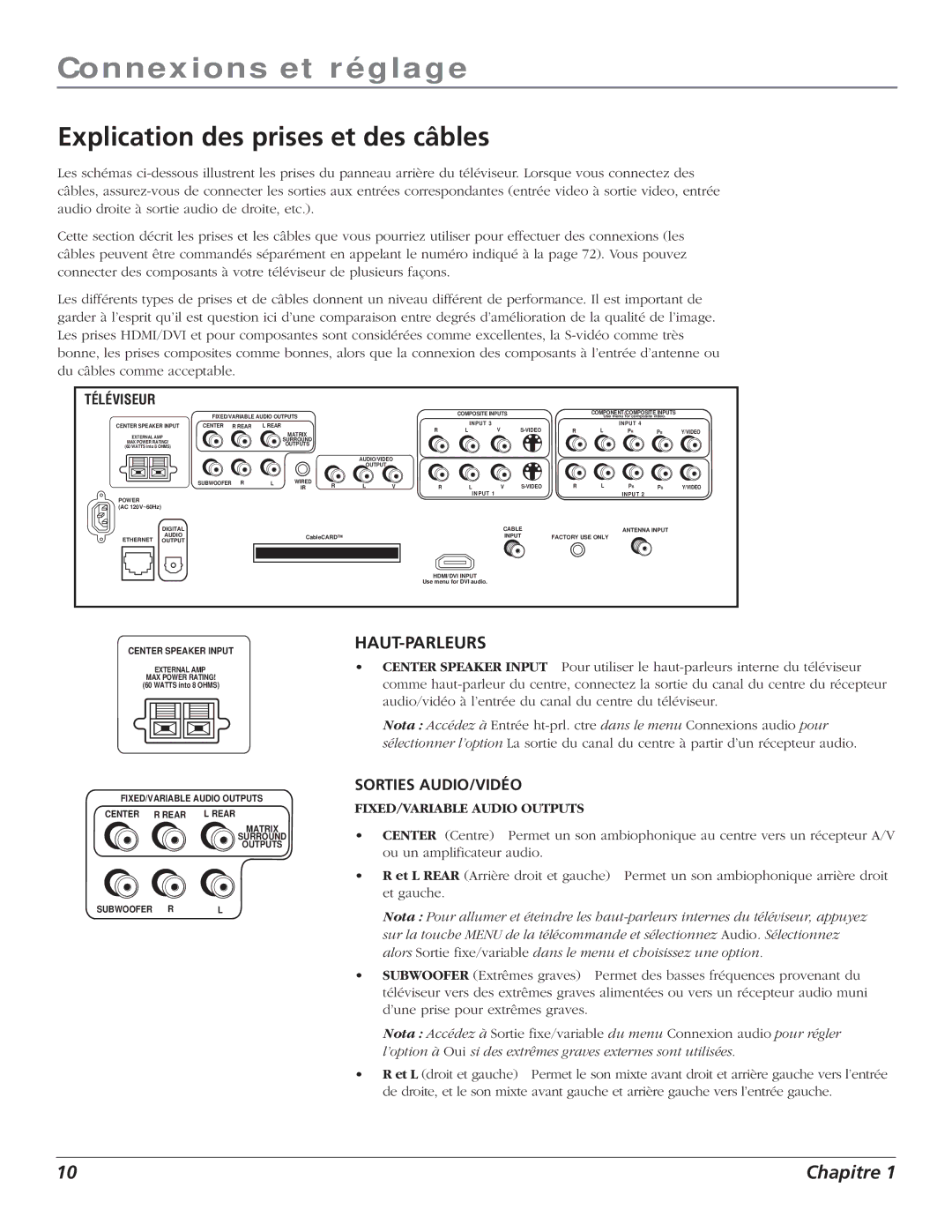 RCA S+4K manual Explication des prises et des câbles, Téléviseur 