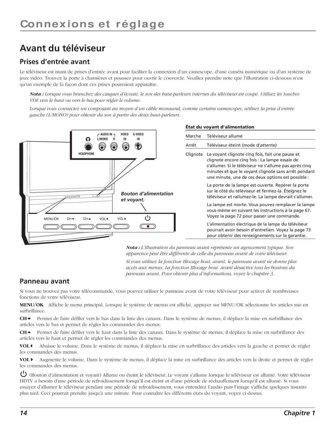 RCA S+4K manual Avant du téléviseur, Prises d’entrée avant, Panneau avant, Bouton d’alimentation, Et voyant 