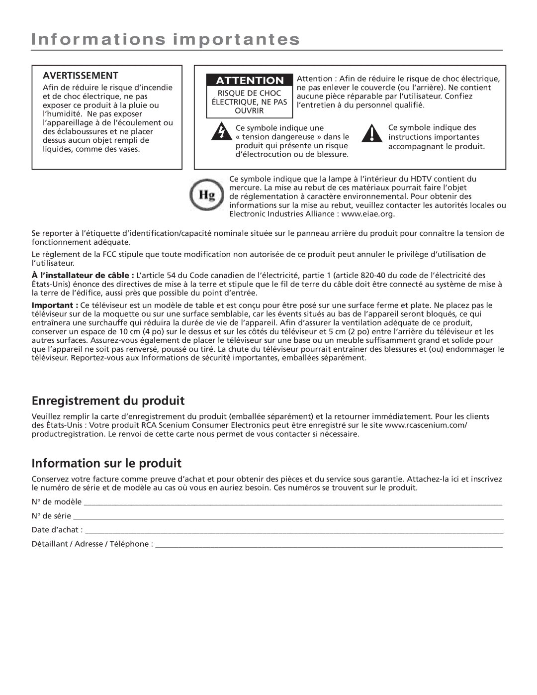 RCA S+4K manual Informations importantes, Avertissement 