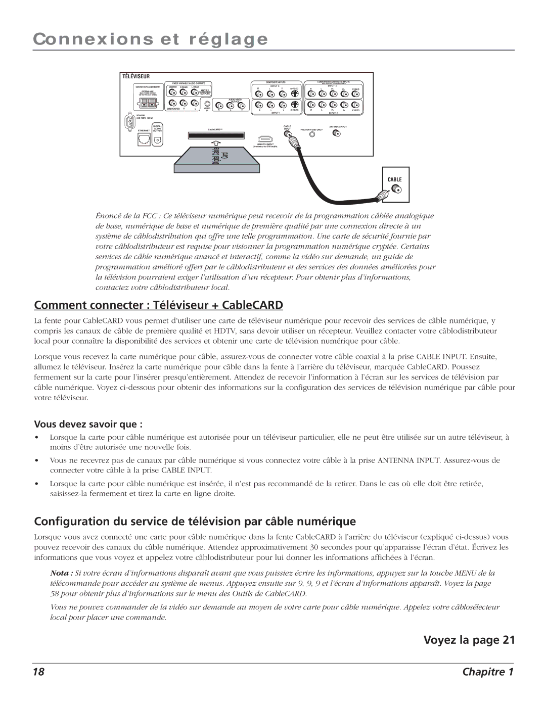 RCA S+4K manual Comment connecter Téléviseur + CableCARD, Configuration du service de télévision par câble numérique 