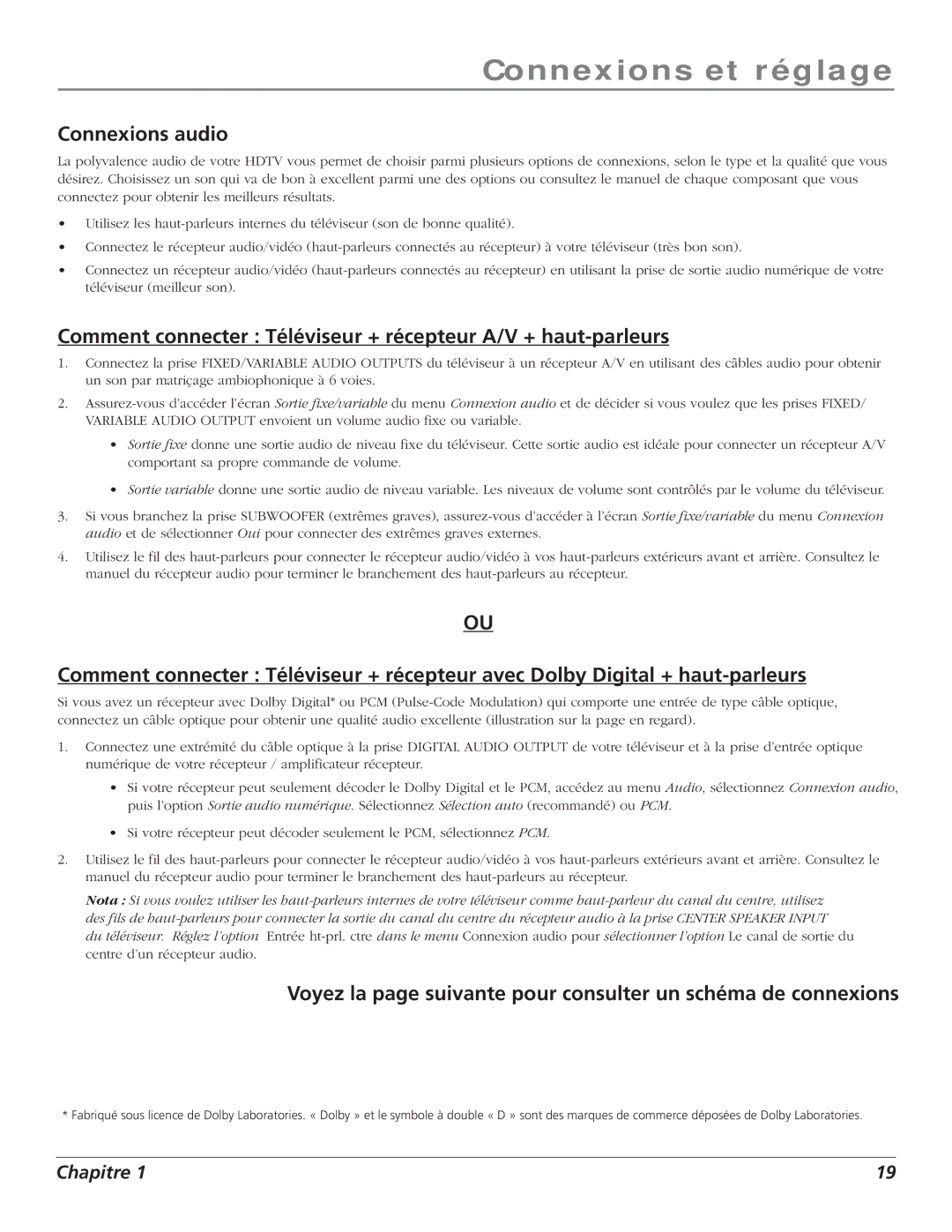 RCA S+4K manual Connexions audio, Comment connecter Téléviseur + récepteur A/V + haut-parleurs 