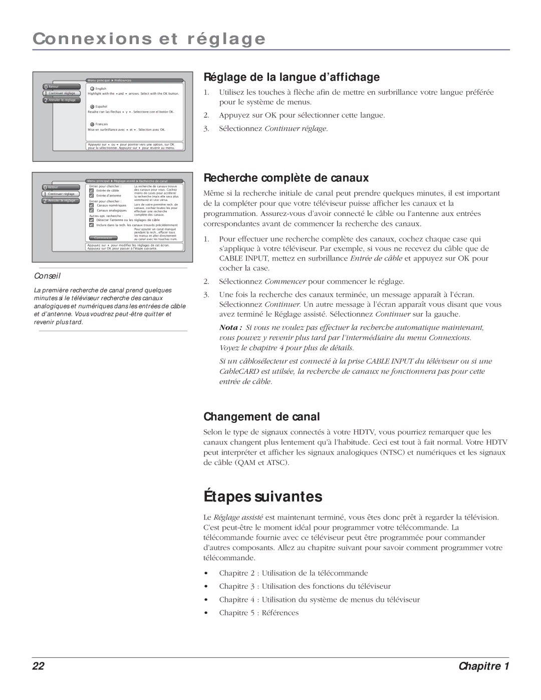 RCA S+4K manual Étapes suivantes, Réglage de la langue d’affichage, Recherche complète de canaux, Changement de canal 