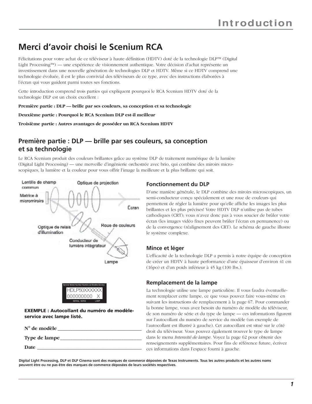 RCA S+4K manual Introduction, Merci d’avoir choisi le Scenium RCA, Fonctionnement du DLP, Mince et léger 