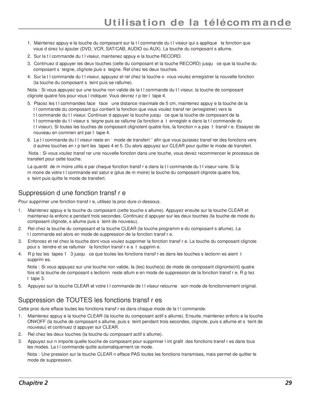 RCA S+4K manual Suppression d’une fonction transférée, Suppression de Toutes les fonctions transférées 