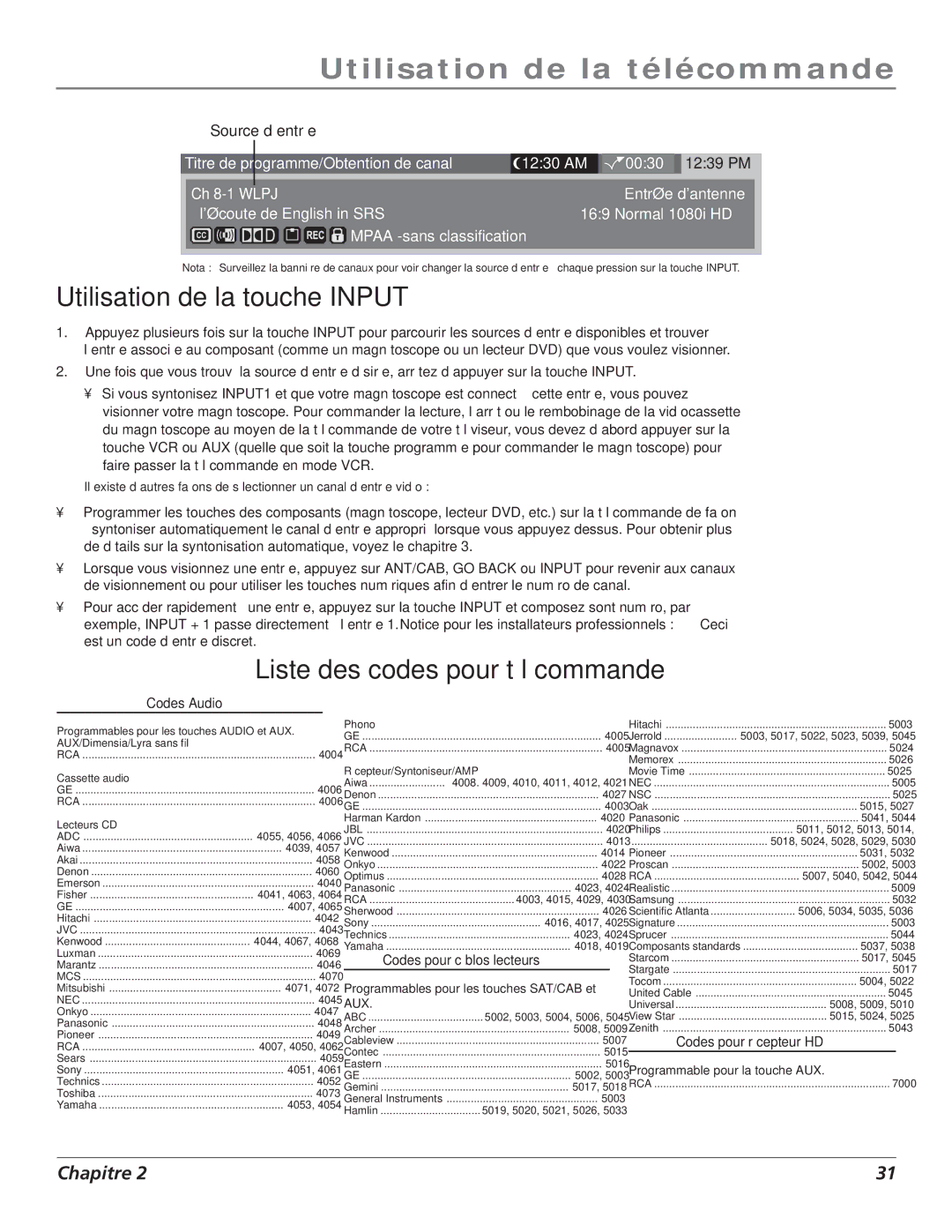 RCA S+4K manual Utilisation de la touche Input, Liste des codes pour télécommande 