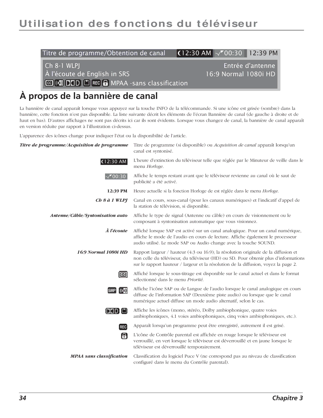 RCA S+4K manual Utilisation des fonctions du téléviseur, Propos de la bannière de canal 