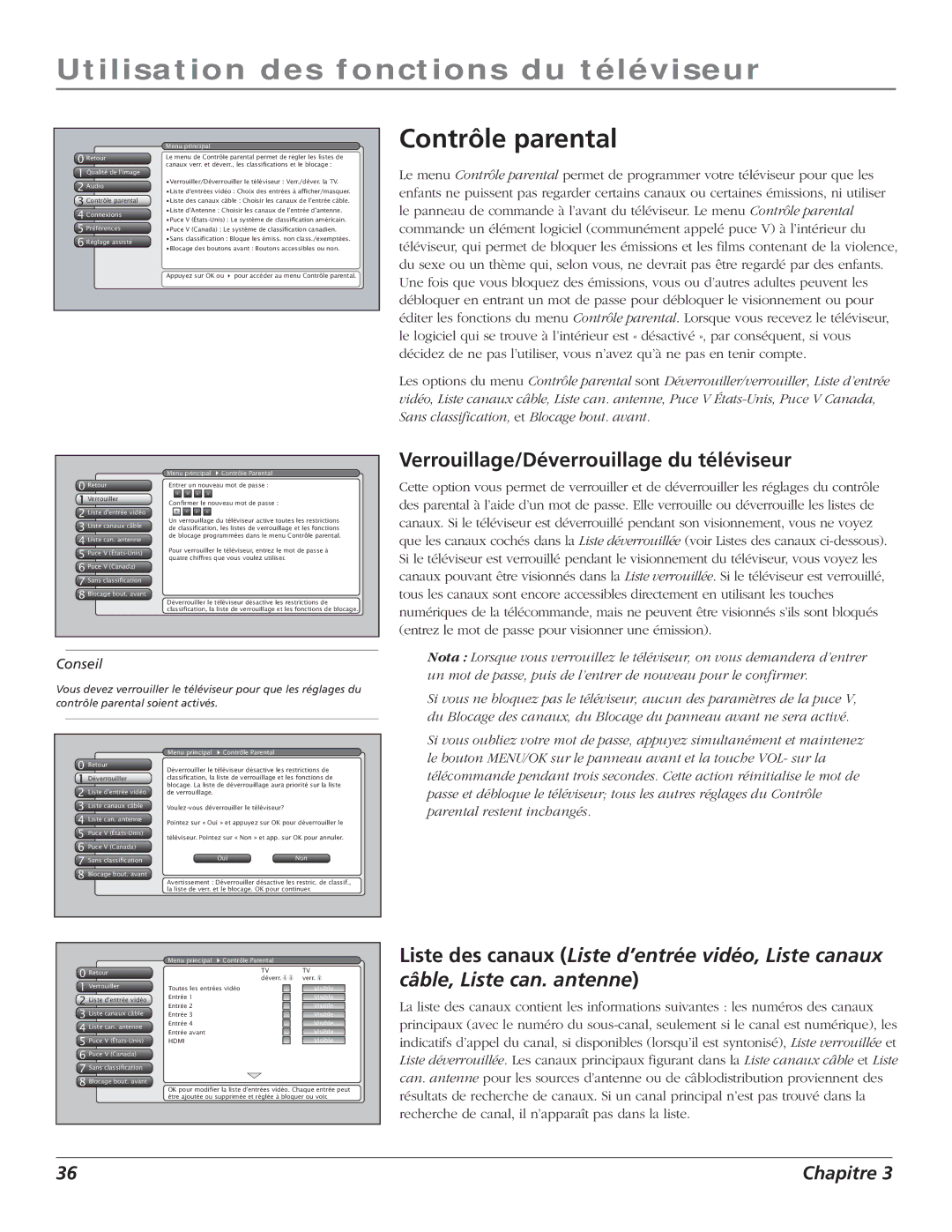 RCA S+4K manual Contrôle parental, Verrouillage/Déverrouillage du téléviseur 