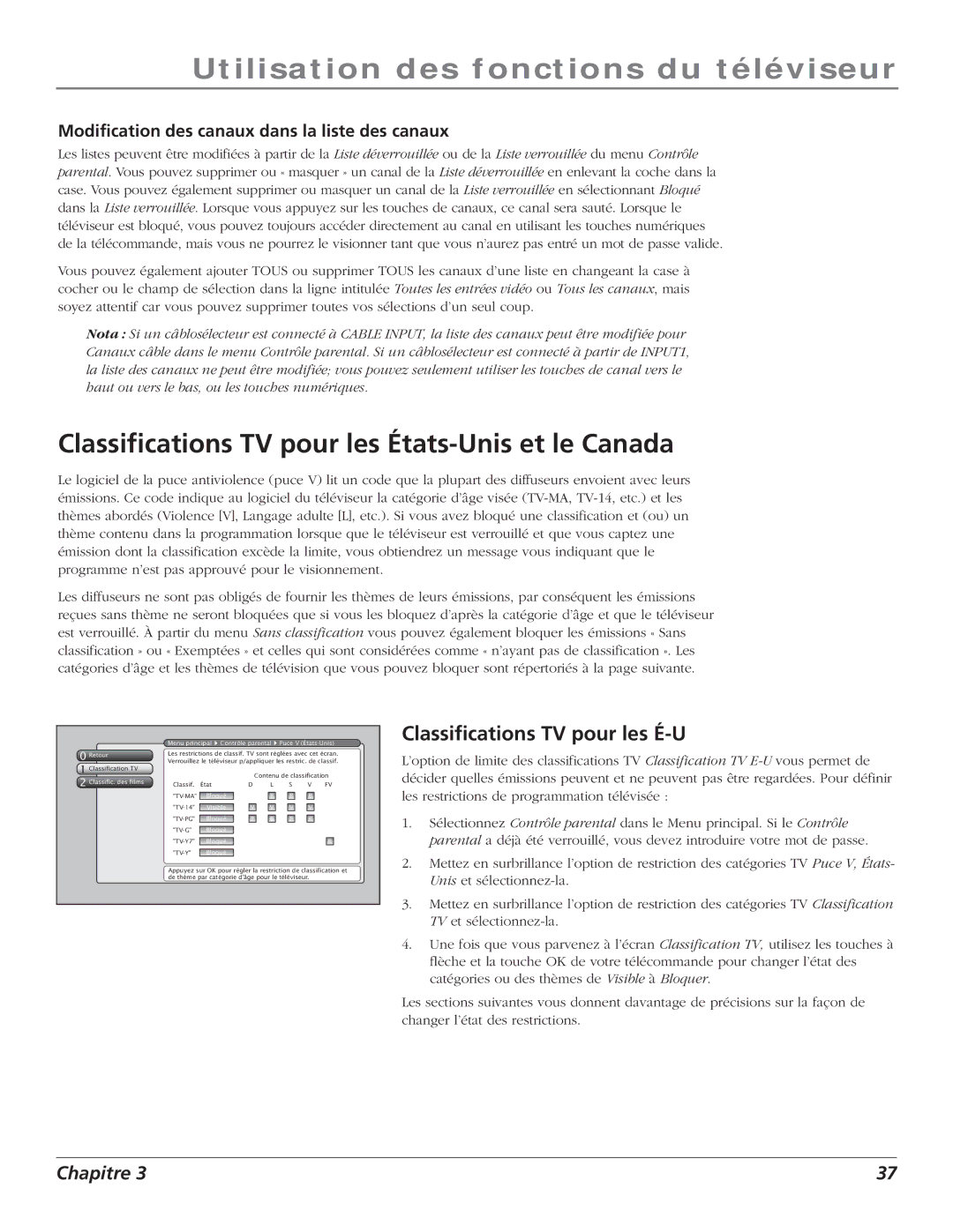 RCA S+4K manual Classifications TV pour les États-Unis et le Canada, Classifications TV pour les É-U 