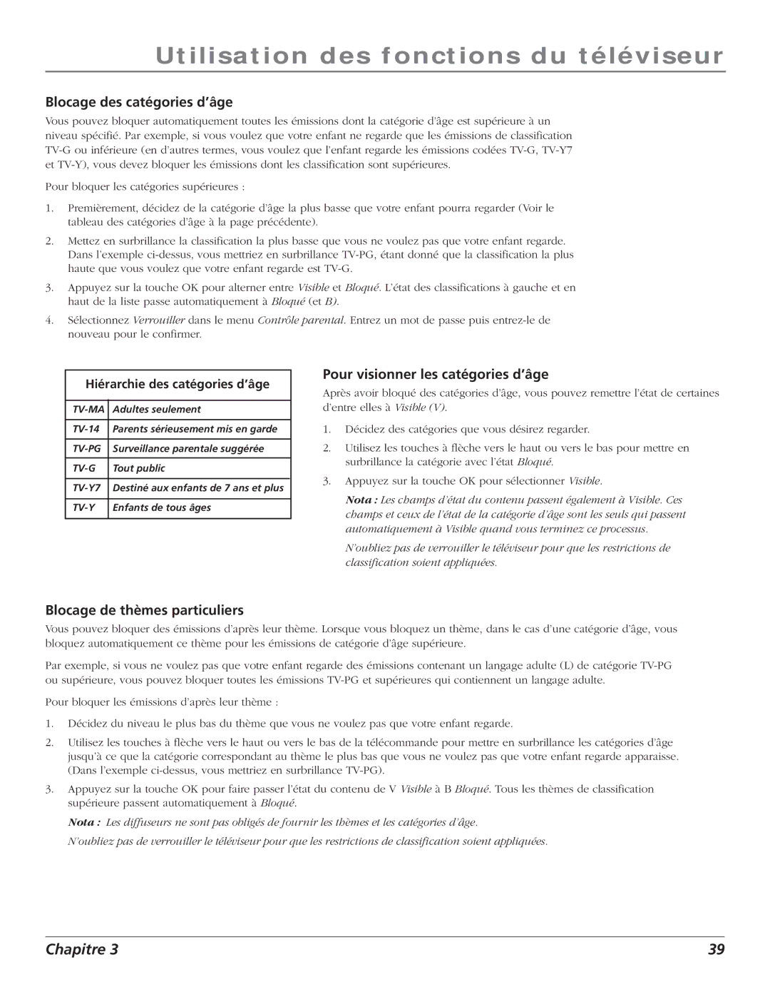 RCA S+4K manual Blocage des catégories d’âge, Pour visionner les catégories d’âge, Blocage de thèmes particuliers 