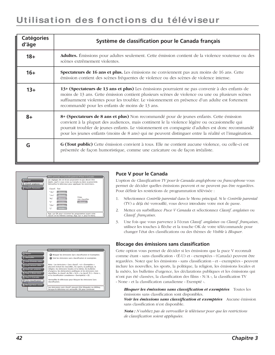 RCA S+4K manual Puce V pour le Canada, Blocage des émissions sans classification 