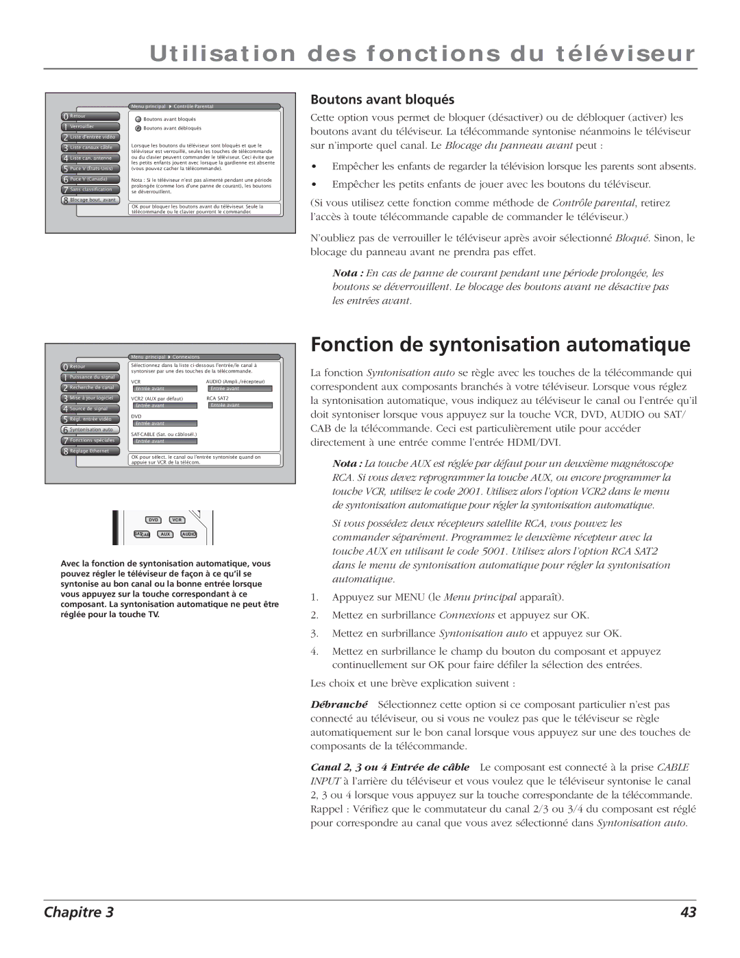 RCA S+4K manual Fonction de syntonisation automatique, Boutons avant bloqués 