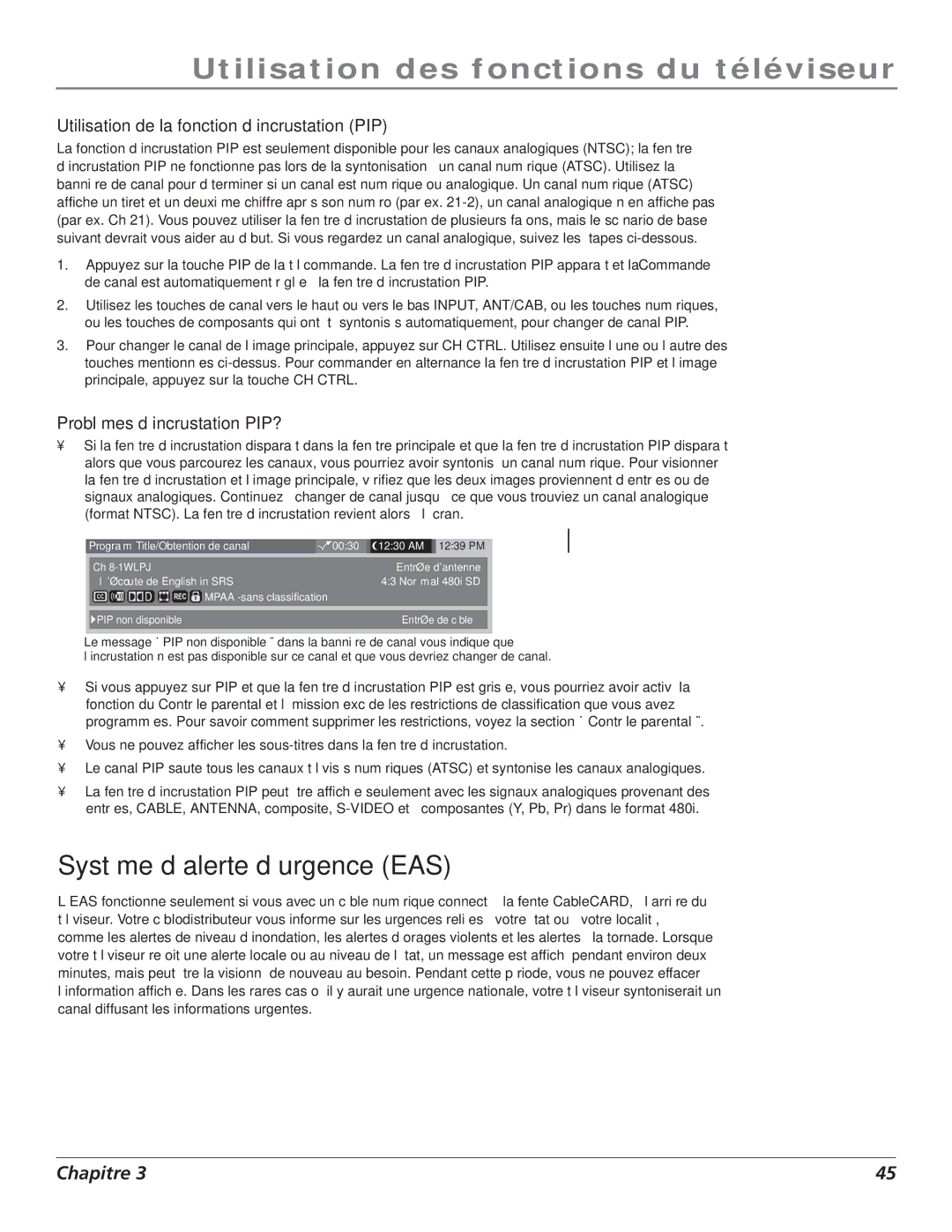 RCA S+4K Système d’alerte d’urgence EAS, Utilisation de la fonction d’incrustation PIP, Problèmes d’incrustation PIP? 