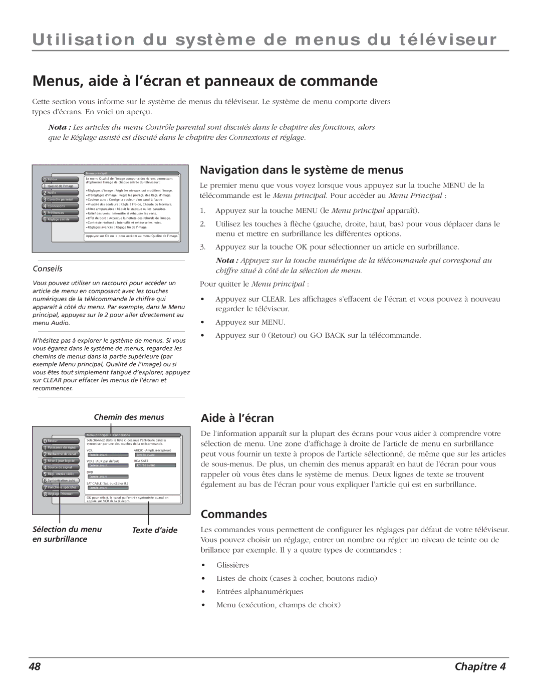 RCA S+4K Utilisation du système de menus du téléviseur, Menus, aide à l’écran et panneaux de commande, Aide à l’écran 