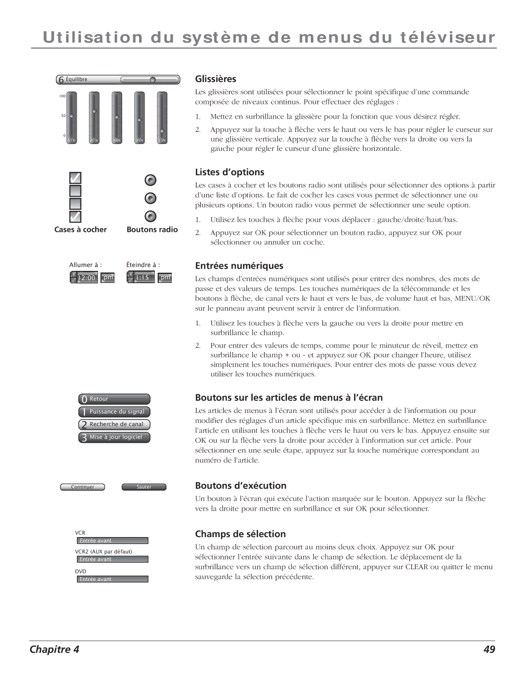 RCA S+4K manual Glissières, Listes d’options, Entrées numériques, Boutons sur les articles de menus à l’écran 