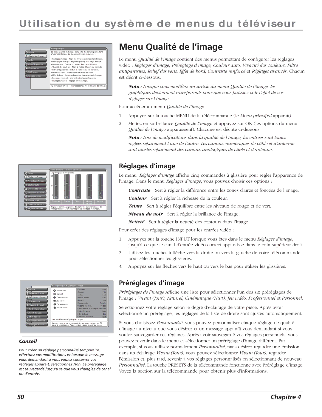 RCA S+4K manual Menu Qualité de l’image, Réglages d’image, Préréglages d’image, Conseil 