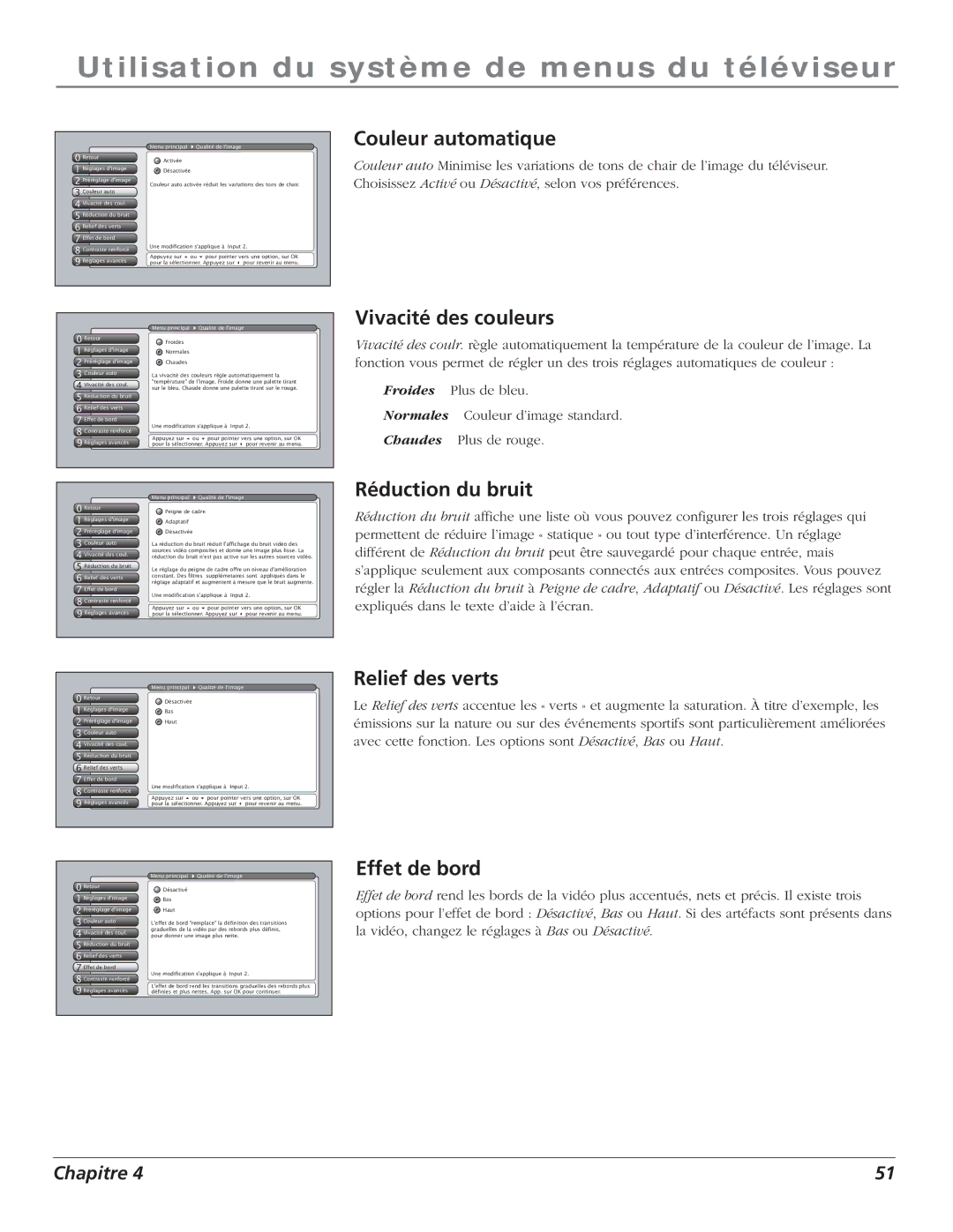 RCA S+4K manual Couleur automatique, Vivacité des couleurs, Réduction du bruit, Relief des verts, Effet de bord 