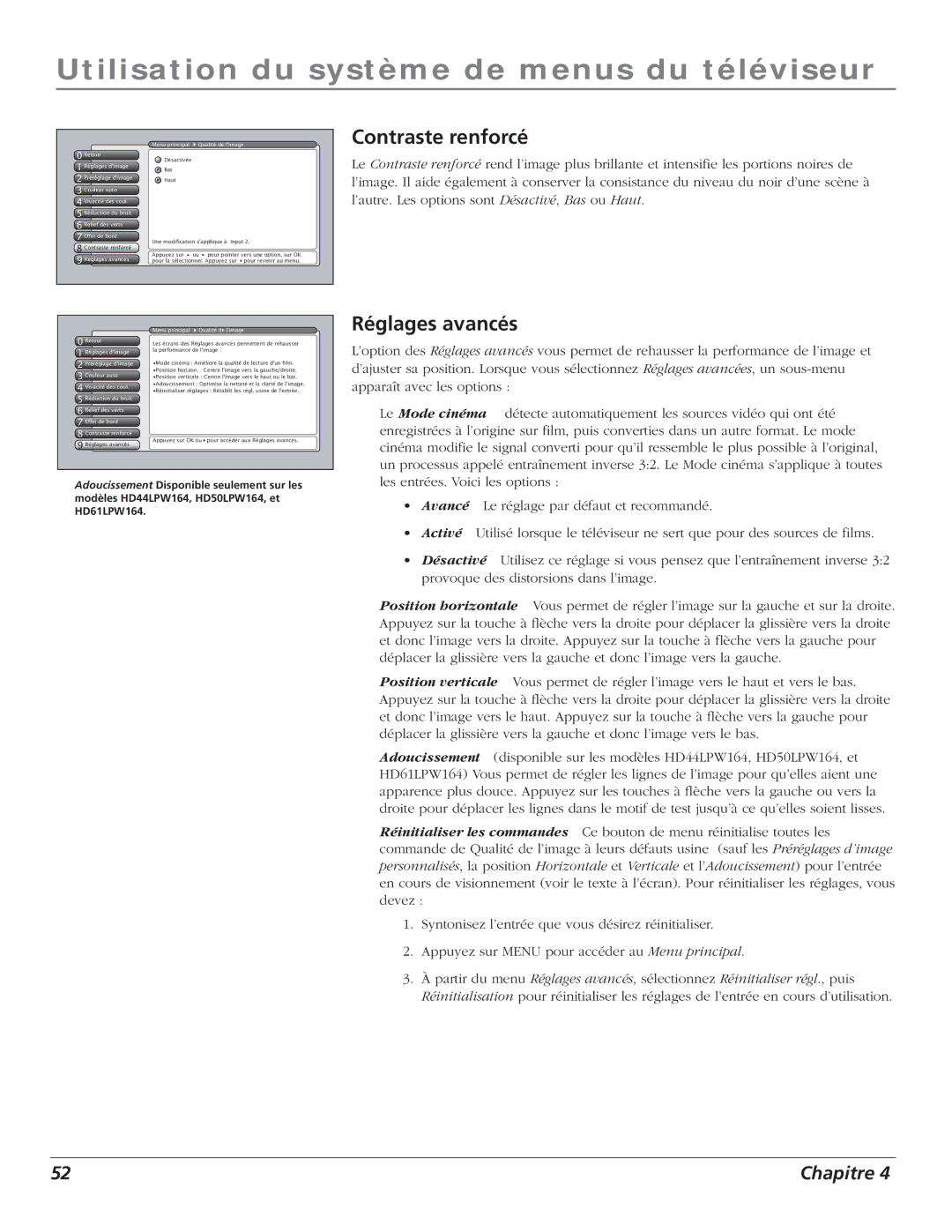 RCA S+4K manual Contraste renforcé, Réglages avancés Menu principal Qualité de limage 