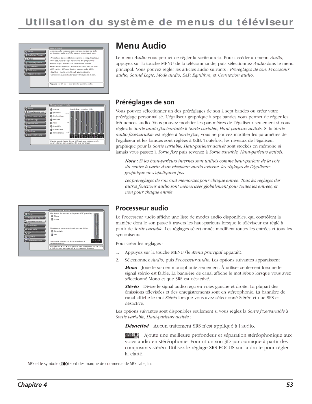 RCA S+4K manual Menu Audio, Préréglages de son, Processeur audio 