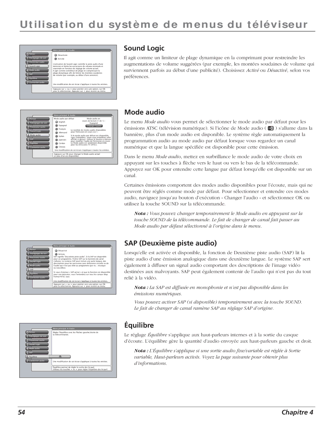 RCA S+4K manual Sound Logic, Mode audio, SAP Deuxième piste audio, Équilibre 