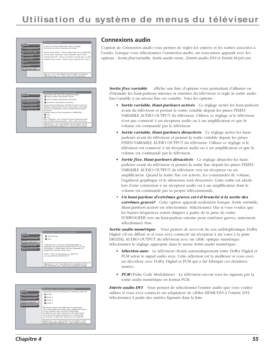 RCA S+4K manual Retour Sortie fixe/variable Sortie audio num, Entrée ht-prl. ctre Menu principal Audio Connexion audio 