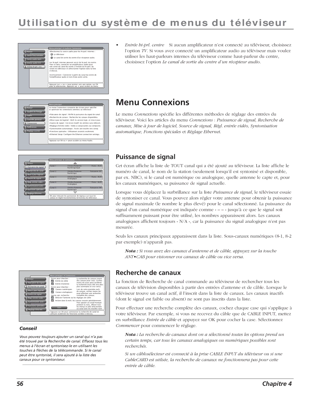 RCA S+4K manual Menu Connexions, Puissance de signal, Recherche de canaux, Menu principal Audio Connexions 