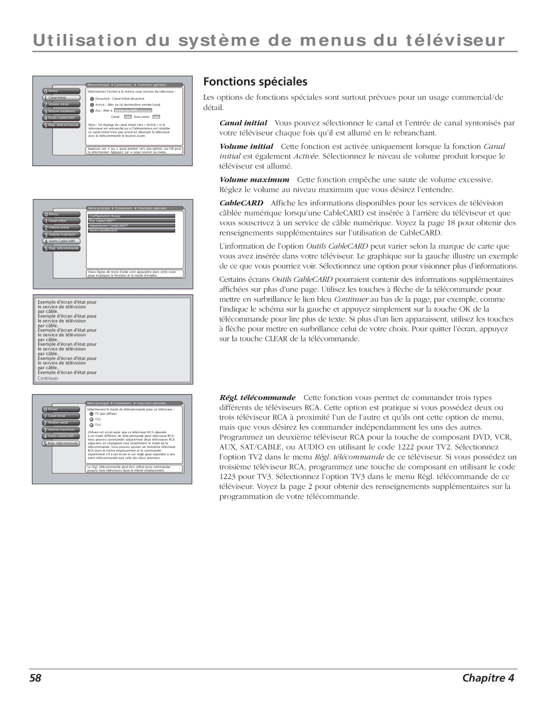 RCA S+4K manual Fonctions spéciales, Volume initial Volume maximum Outils CableCARD 