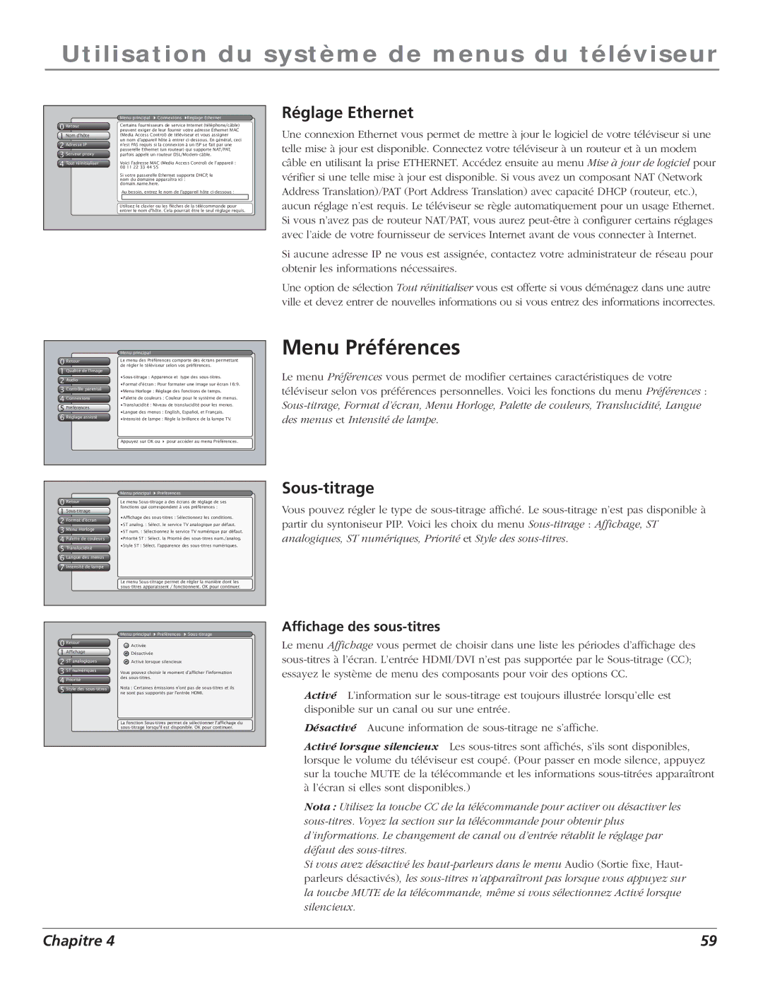 RCA S+4K manual Menu Préférences, Réglage Ethernet, Sous-titrage, Affichage des sous-titres 