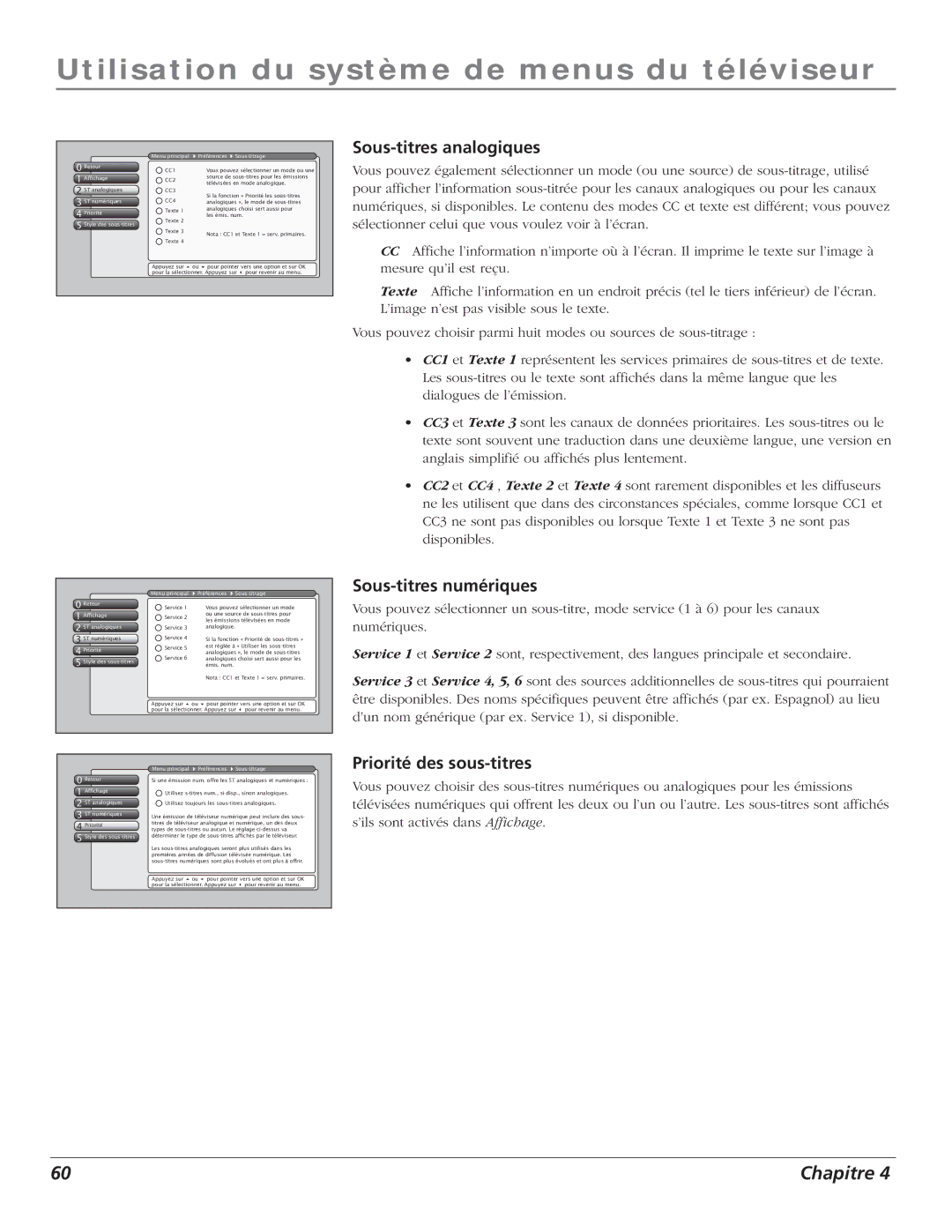 RCA S+4K manual Sous-titres analogiques, Sous-titres numériques, Priorité des sous-titres 