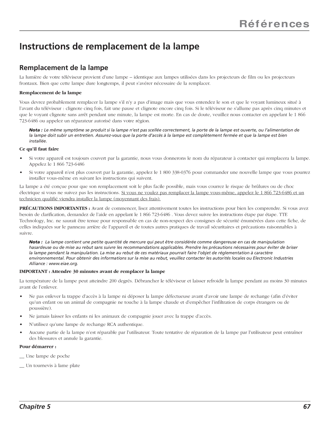 RCA S+4K manual Instructions de remplacement de la lampe, Remplacement de la lampe 