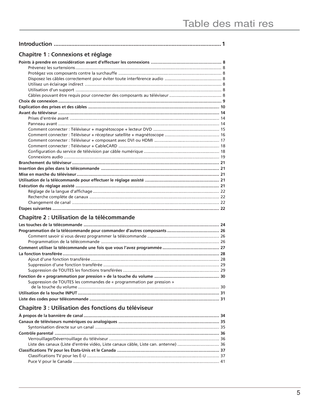 RCA S+4K manual Table des matières, Chapitre 1 Connexions et réglage, Chapitre 2 Utilisation de la télécommande 