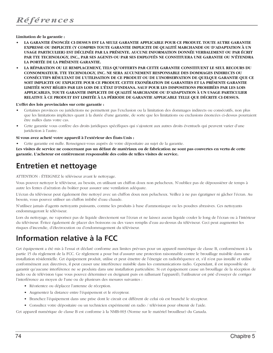 RCA S+4K manual Entretien et nettoyage, Information relative à la FCC 