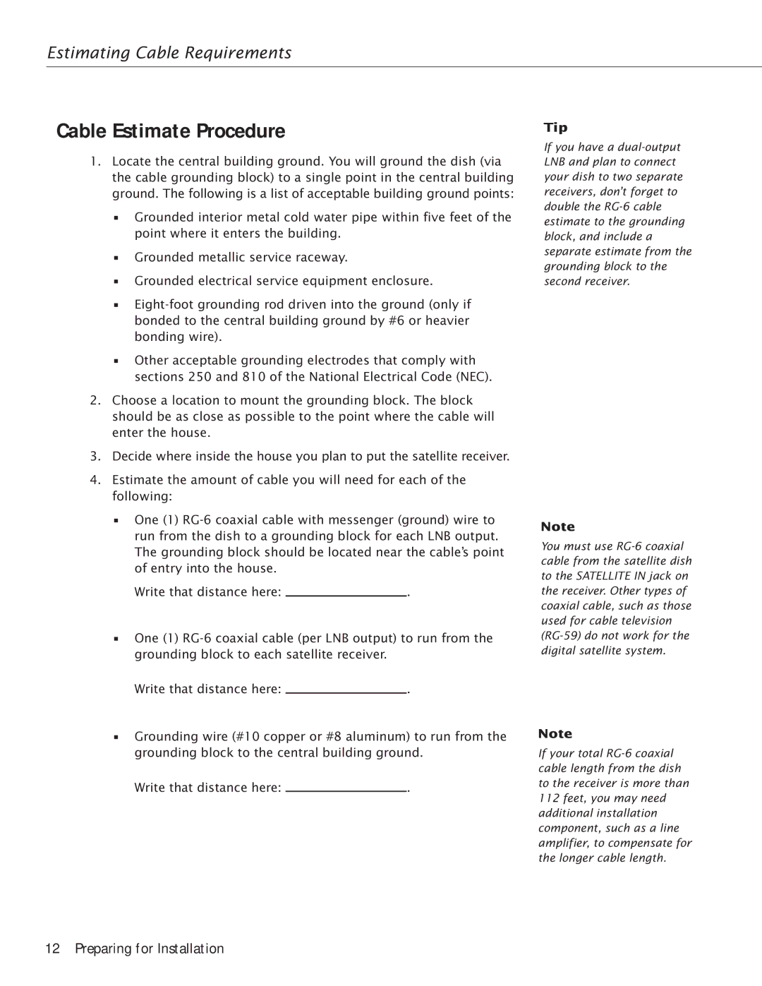 RCA Satellite TV Antenna manual Cable Estimate Procedure, Tip 