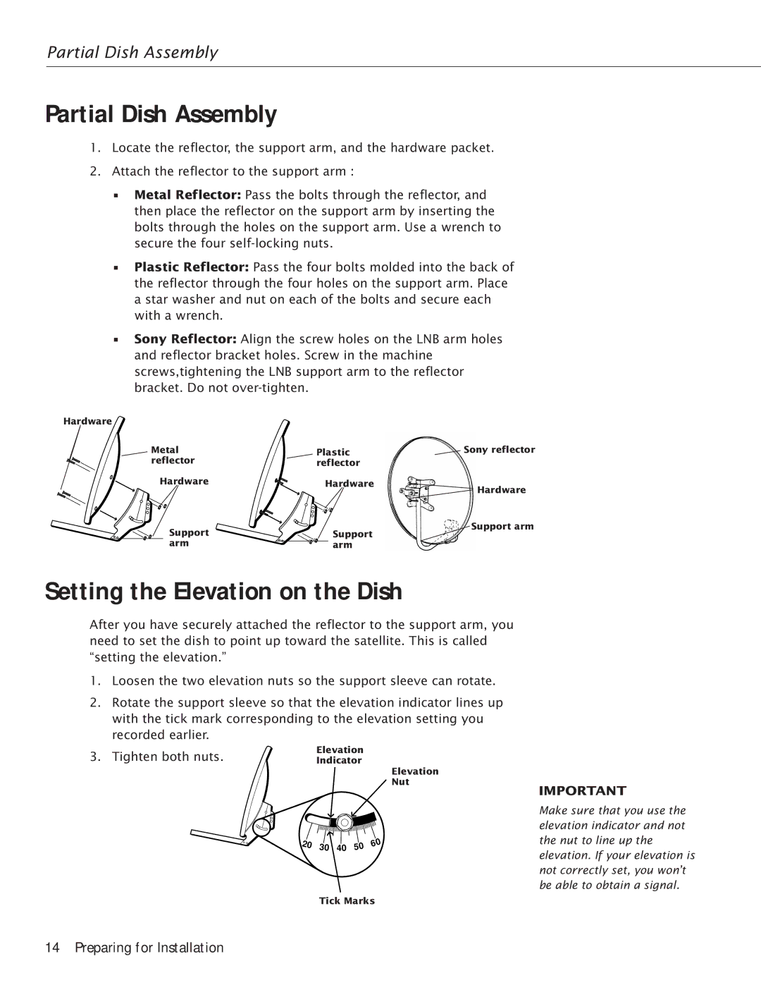 RCA Satellite TV Antenna manual Partial Dish Assembly, Setting the Elevation on the Dish, Tighten both nuts 