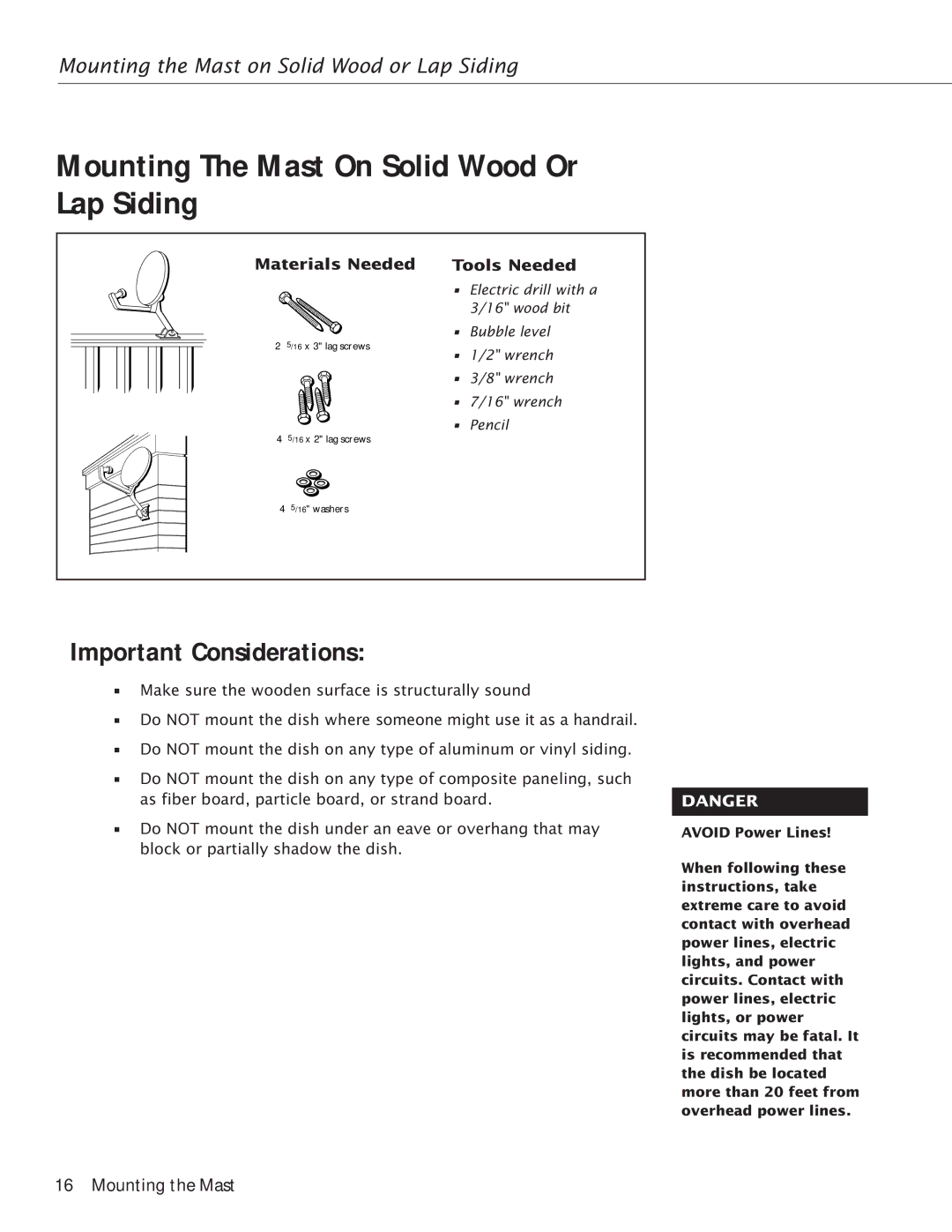 RCA Satellite TV Antenna manual Mounting The Mast On Solid Wood Or Lap Siding, Important Considerations, Materials Needed 