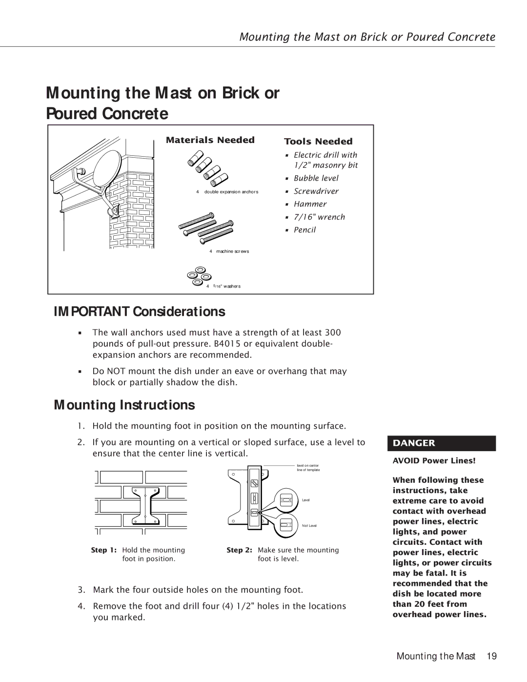 RCA Satellite TV Antenna manual Mounting the Mast on Brick or Poured Concrete 