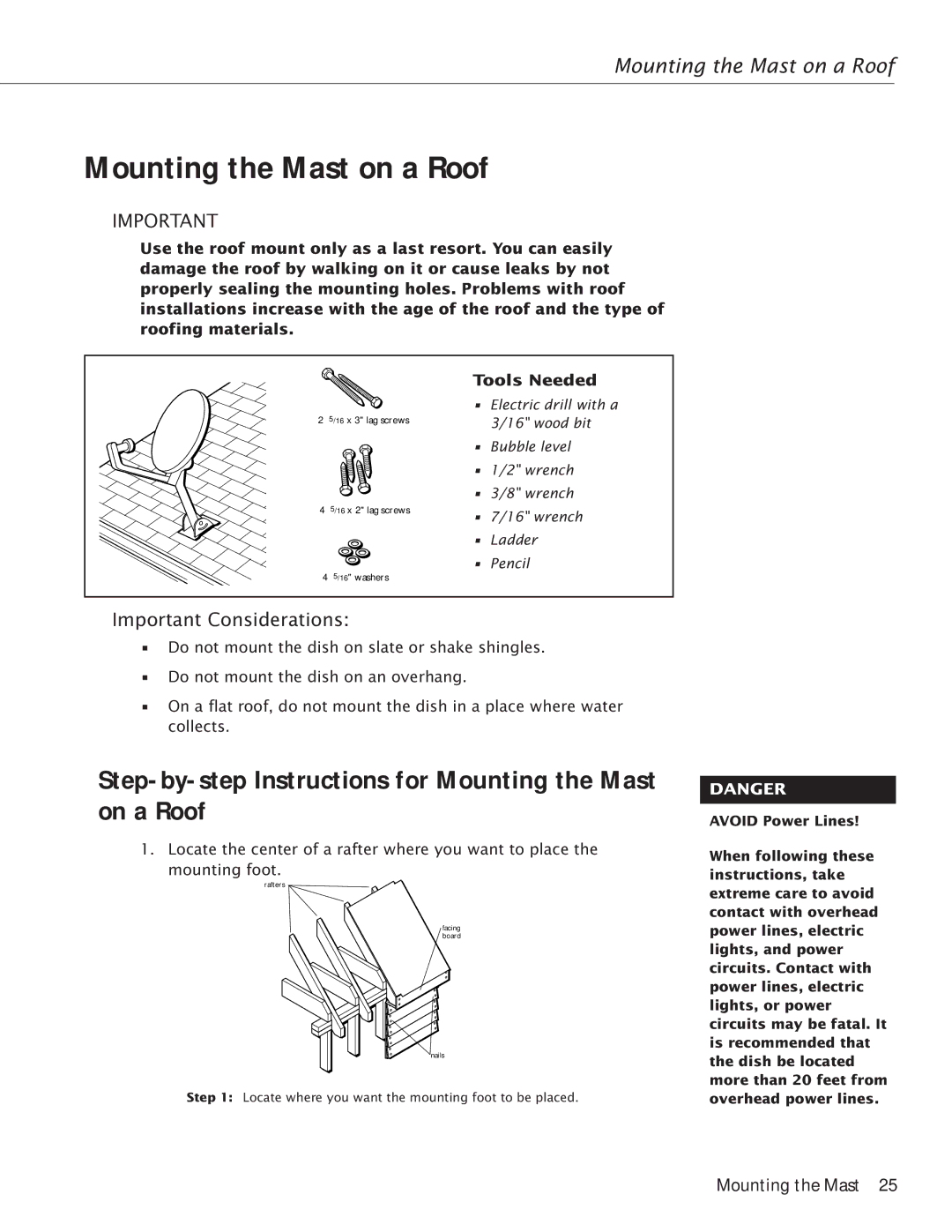 RCA Satellite TV Antenna manual Step-by-step Instructions for Mounting the Mast on a Roof 