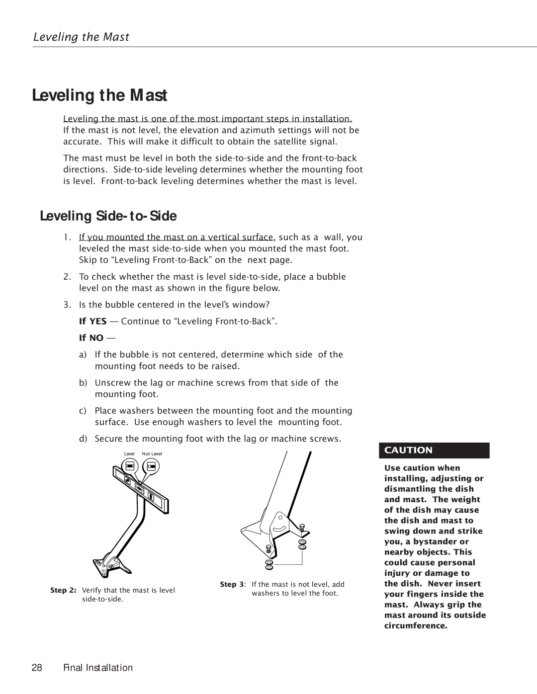 RCA Satellite TV Antenna manual Leveling the Mast, Leveling Side-to-Side 