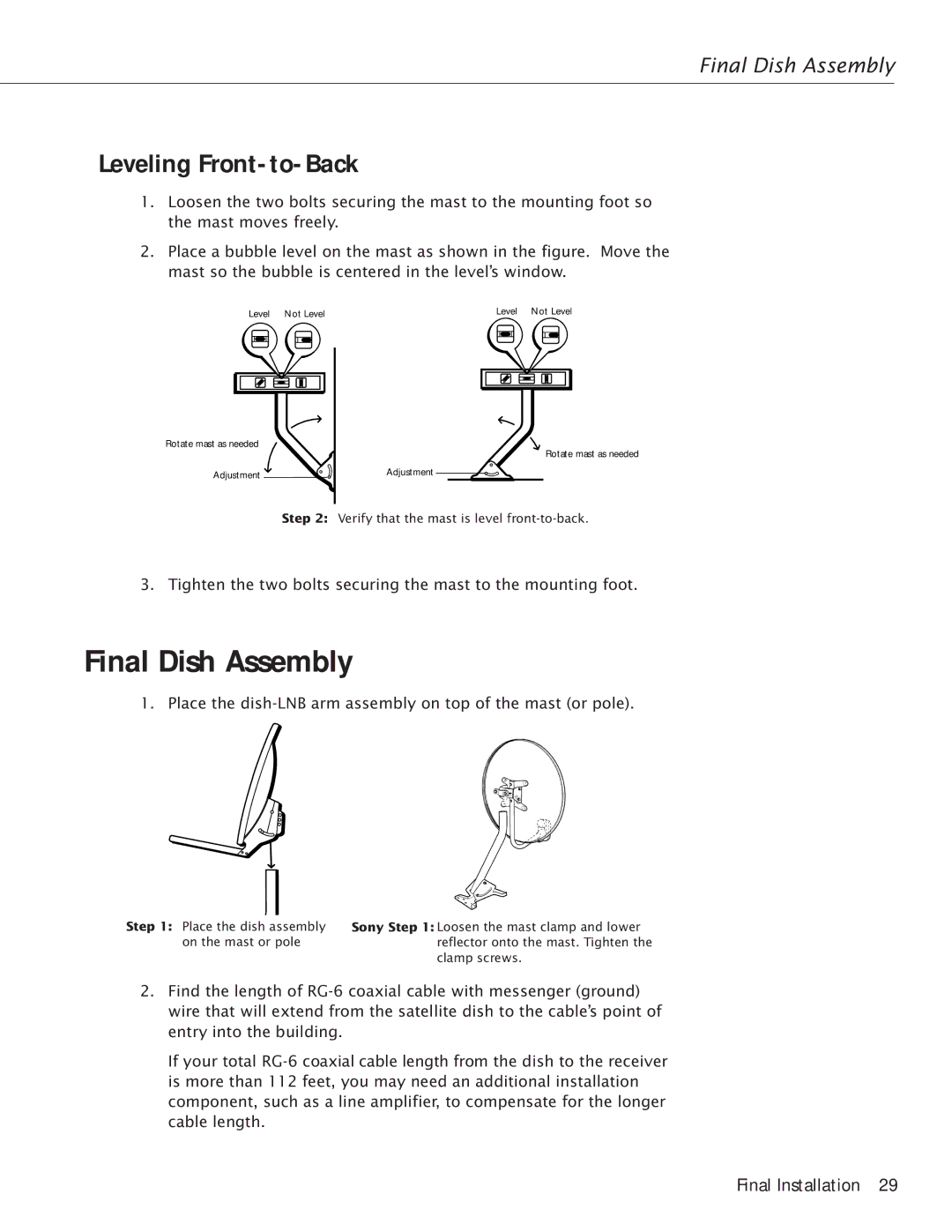 RCA Satellite TV Antenna manual Final Dish Assembly, Leveling Front-to-Back 