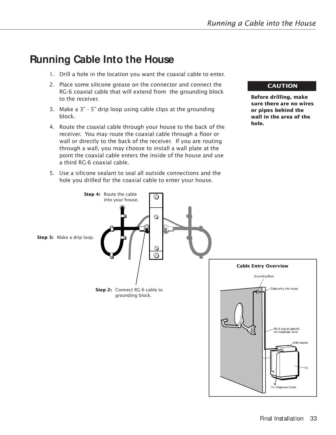 RCA Satellite TV Antenna manual Running Cable Into the House, Running a Cable into the House 