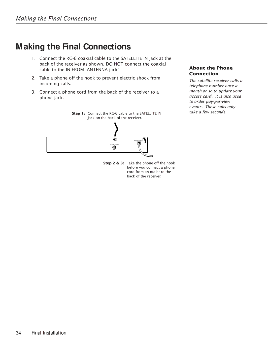 RCA Satellite TV Antenna manual Making the Final Connections, About the Phone Connection 