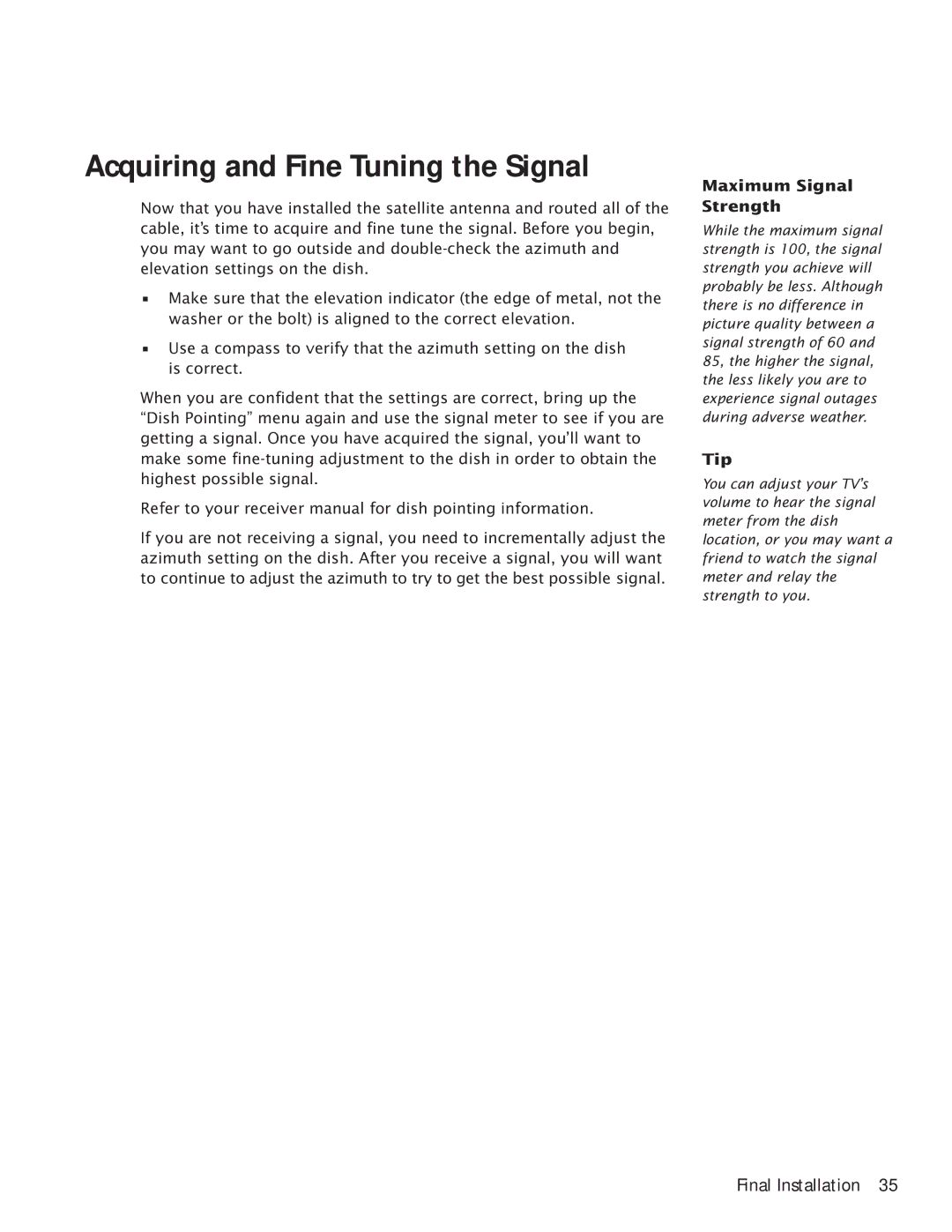 RCA Satellite TV Antenna manual Acquiring and Fine Tuning the Signal, Maximum Signal Strength 