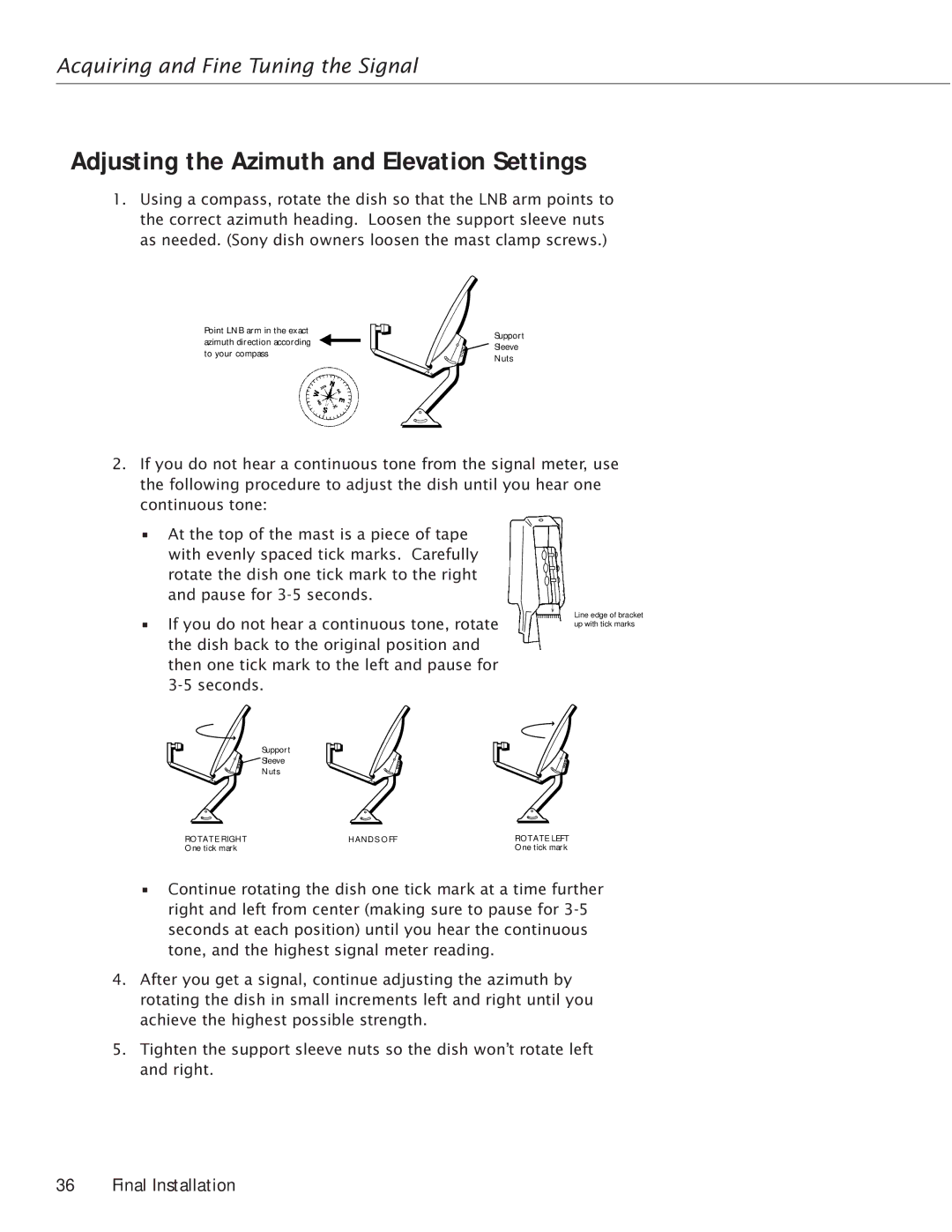 RCA Satellite TV Antenna manual Adjusting the Azimuth and Elevation Settings, Acquiring and Fine Tuning the Signal 