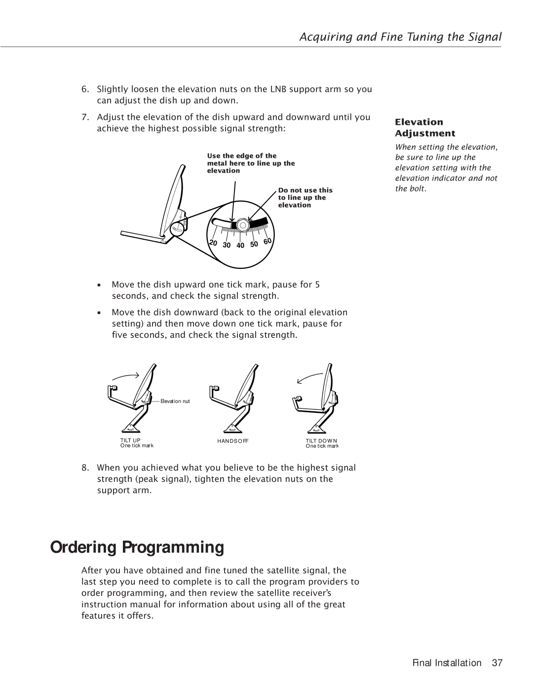 RCA Satellite TV Antenna manual Ordering Programming, Elevation Adjustment 