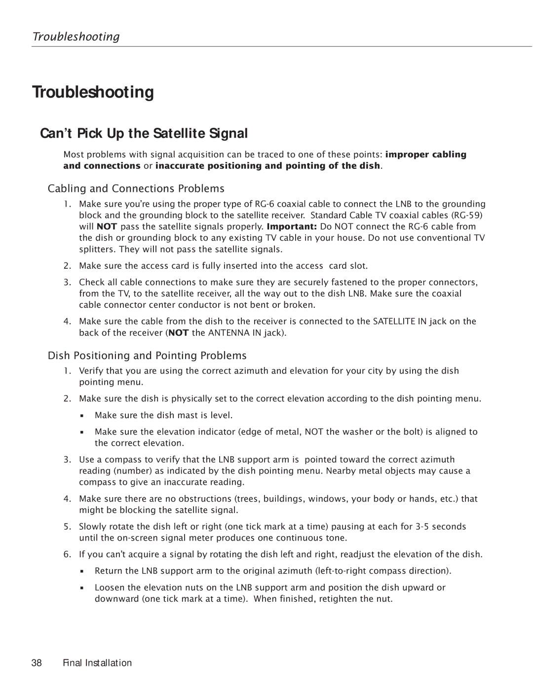 RCA Satellite TV Antenna manual Troubleshooting, Can’t Pick Up the Satellite Signal, Cabling and Connections Problems 